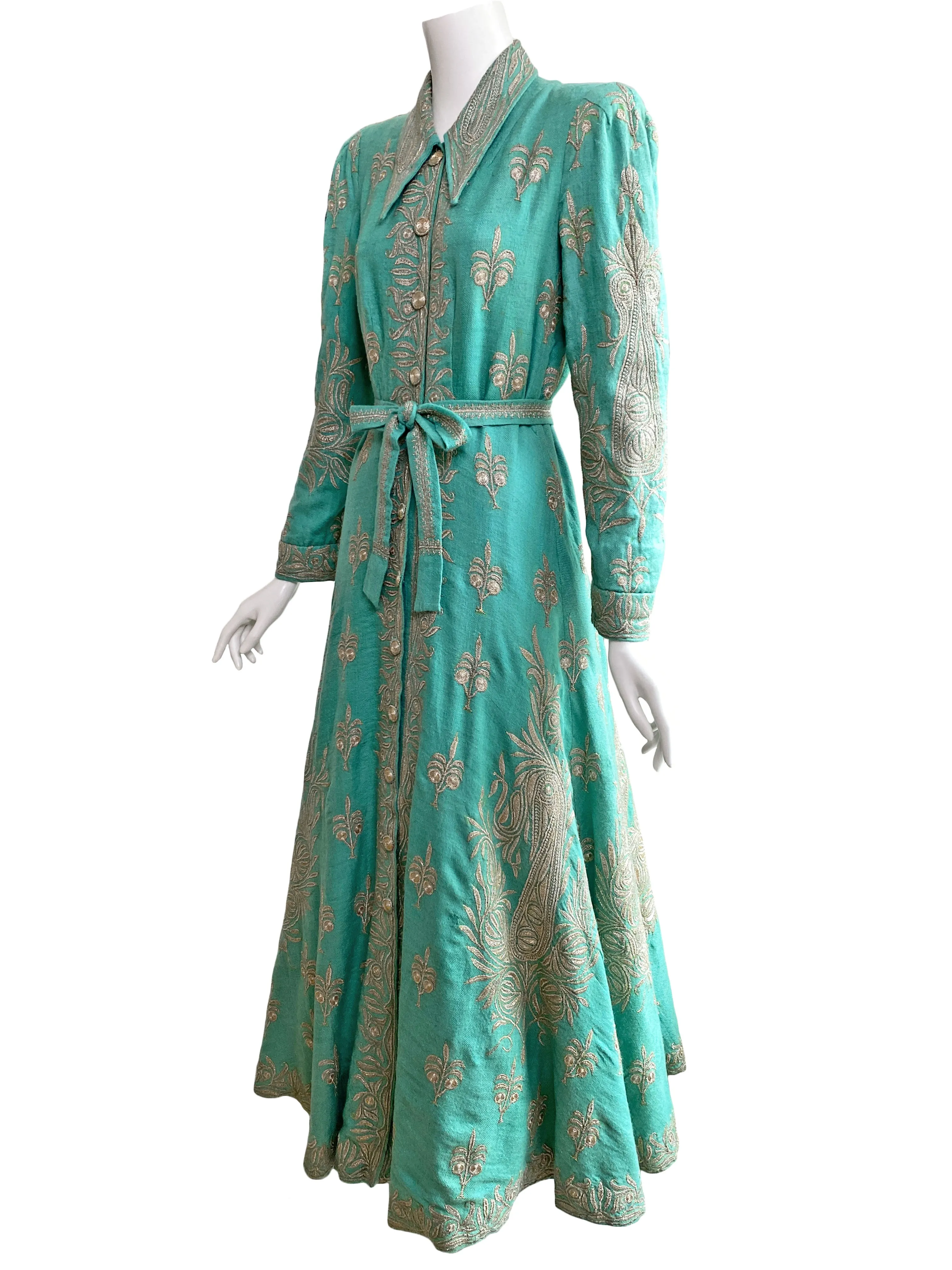 1940s Silver Bullion Hand-Embroidered Maxi Coat