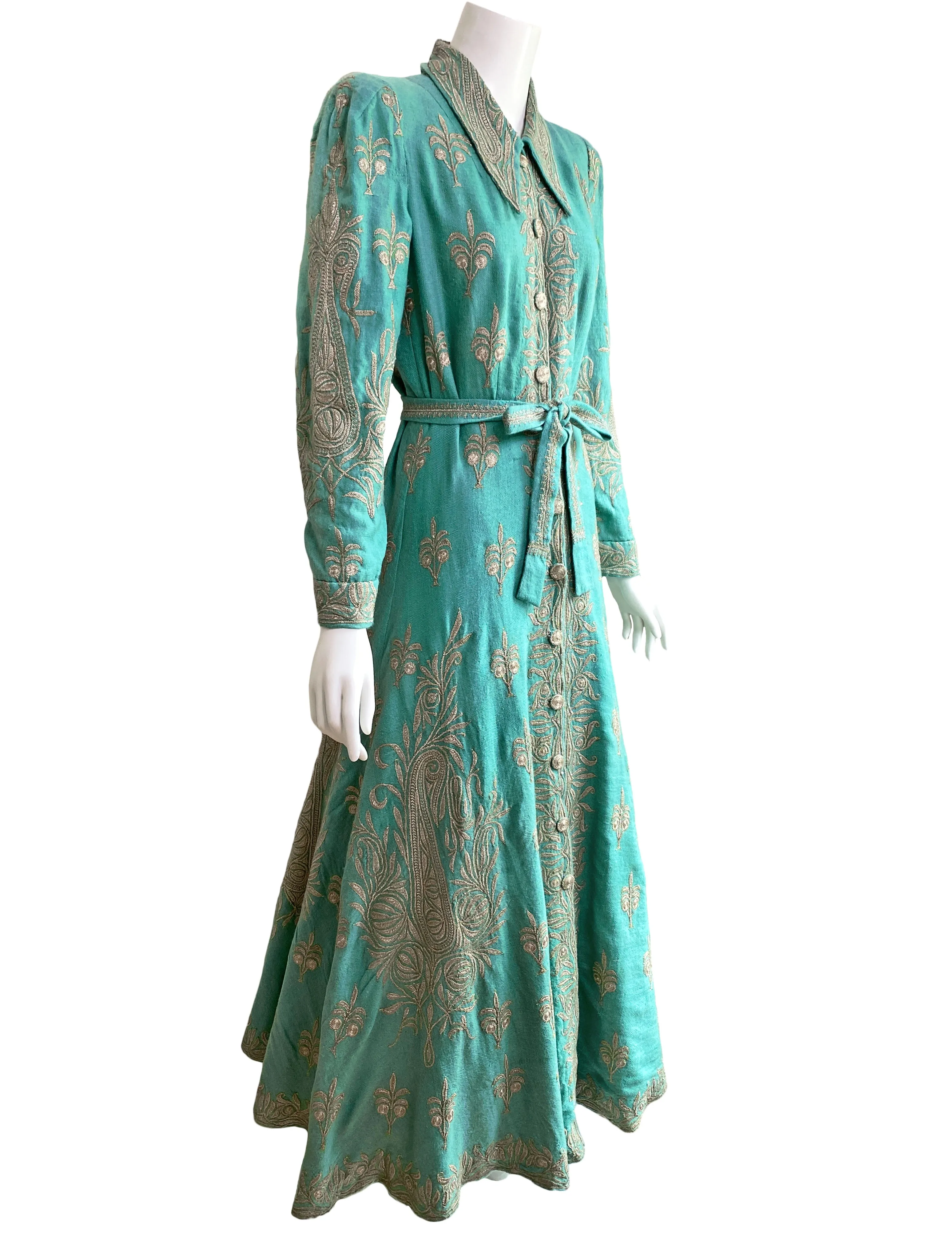 1940s Silver Bullion Hand-Embroidered Maxi Coat