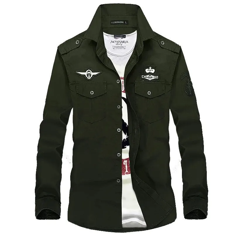 2023 New Double Pockets Men Dress Military Shirts Cotton Male Clothes Casual Slim Fit Shirts Men Camisa Masculina AYG82