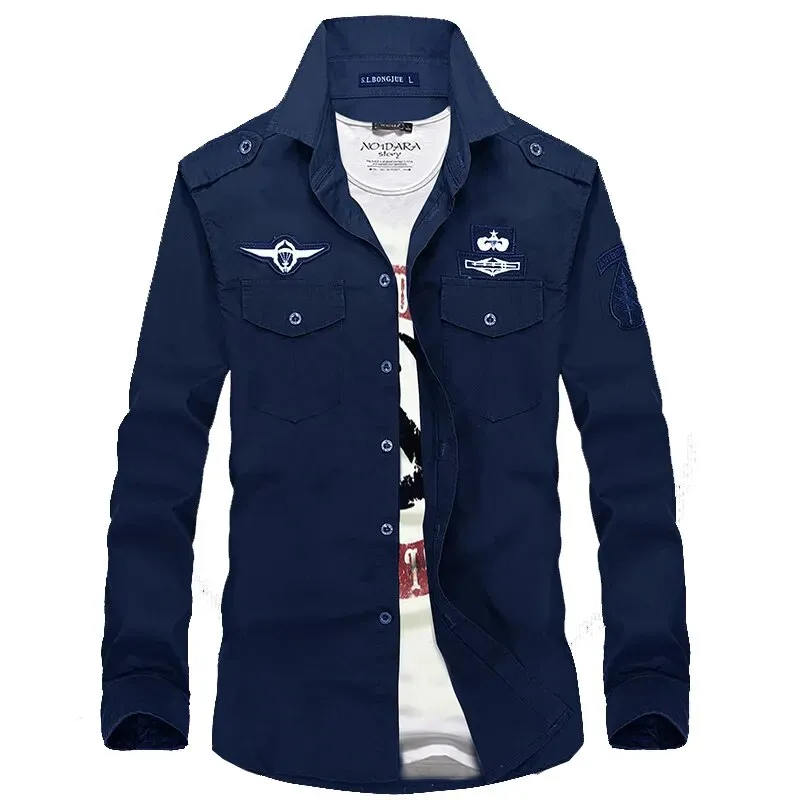 2023 New Double Pockets Men Dress Military Shirts Cotton Male Clothes Casual Slim Fit Shirts Men Camisa Masculina AYG82