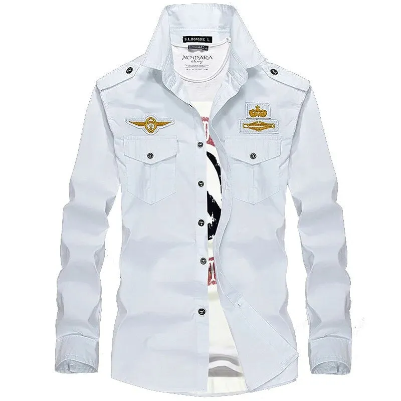 2023 New Double Pockets Men Dress Military Shirts Cotton Male Clothes Casual Slim Fit Shirts Men Camisa Masculina AYG82