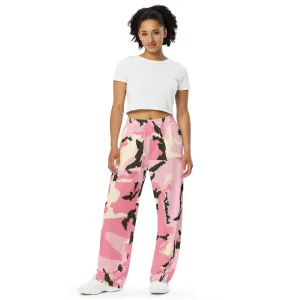 All-over print unisex wide-leg pants, Pink Military Pants, Fun, Relaxing, Gym