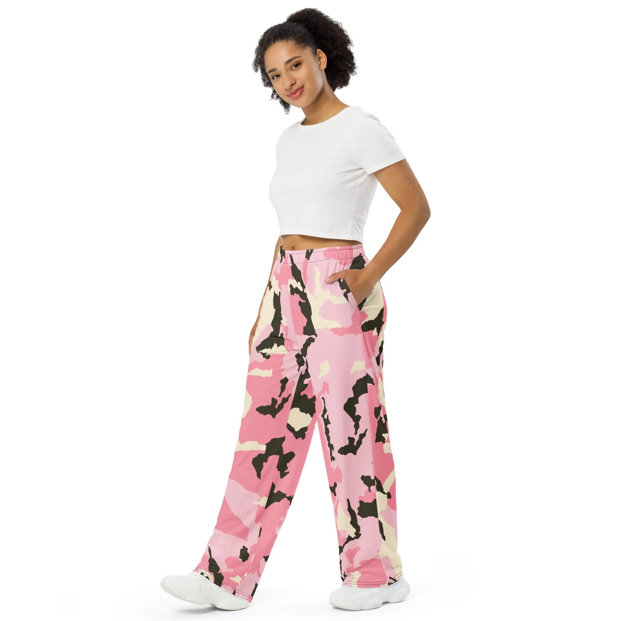 All-over print unisex wide-leg pants, Pink Military Pants, Fun, Relaxing, Gym