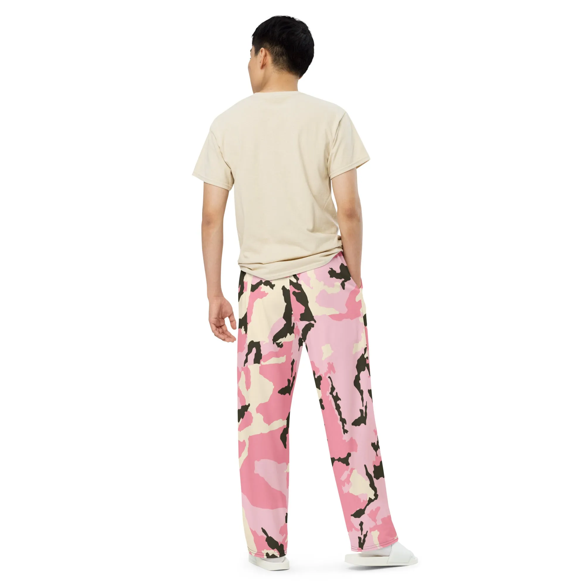 All-over print unisex wide-leg pants, Pink Military Pants, Fun, Relaxing, Gym