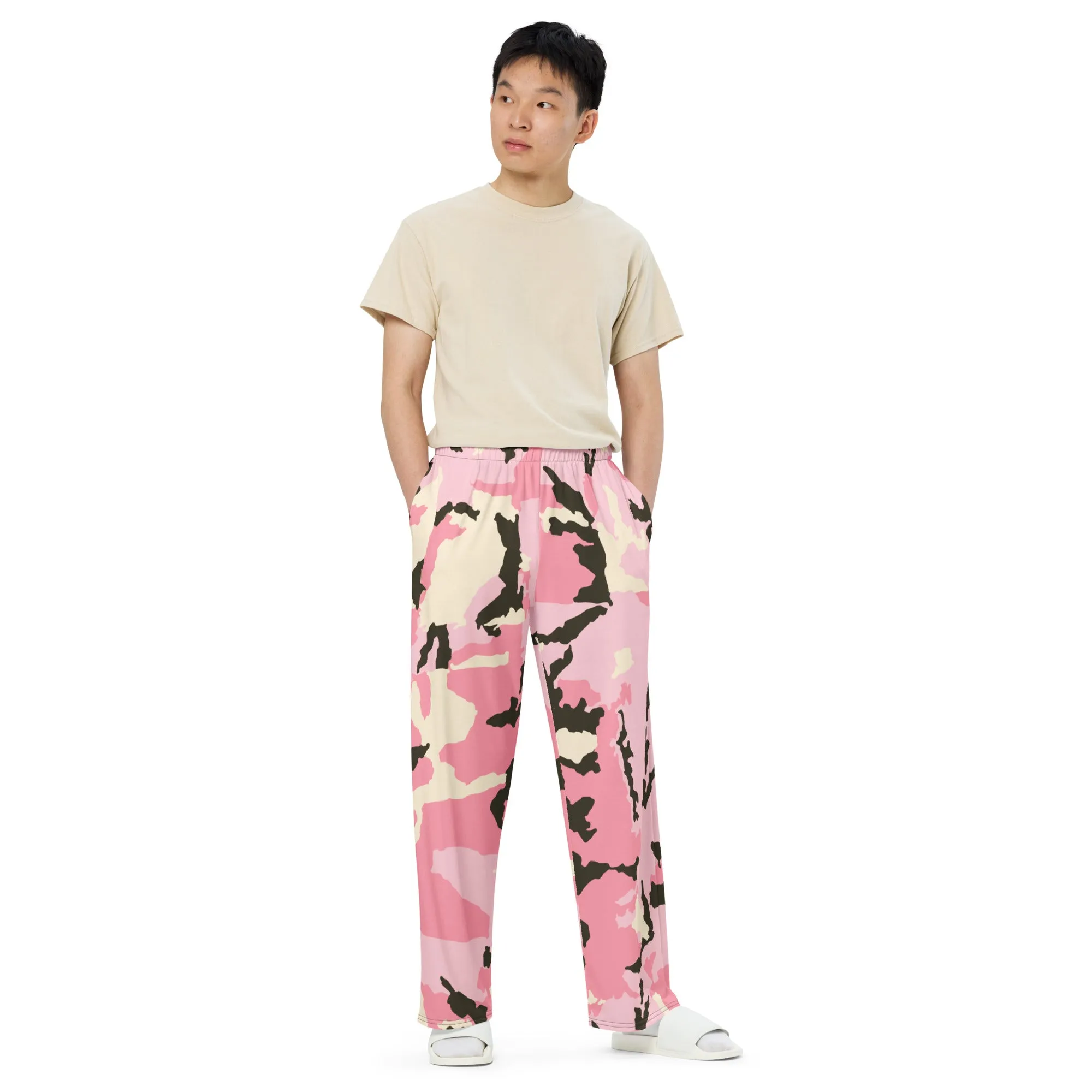 All-over print unisex wide-leg pants, Pink Military Pants, Fun, Relaxing, Gym