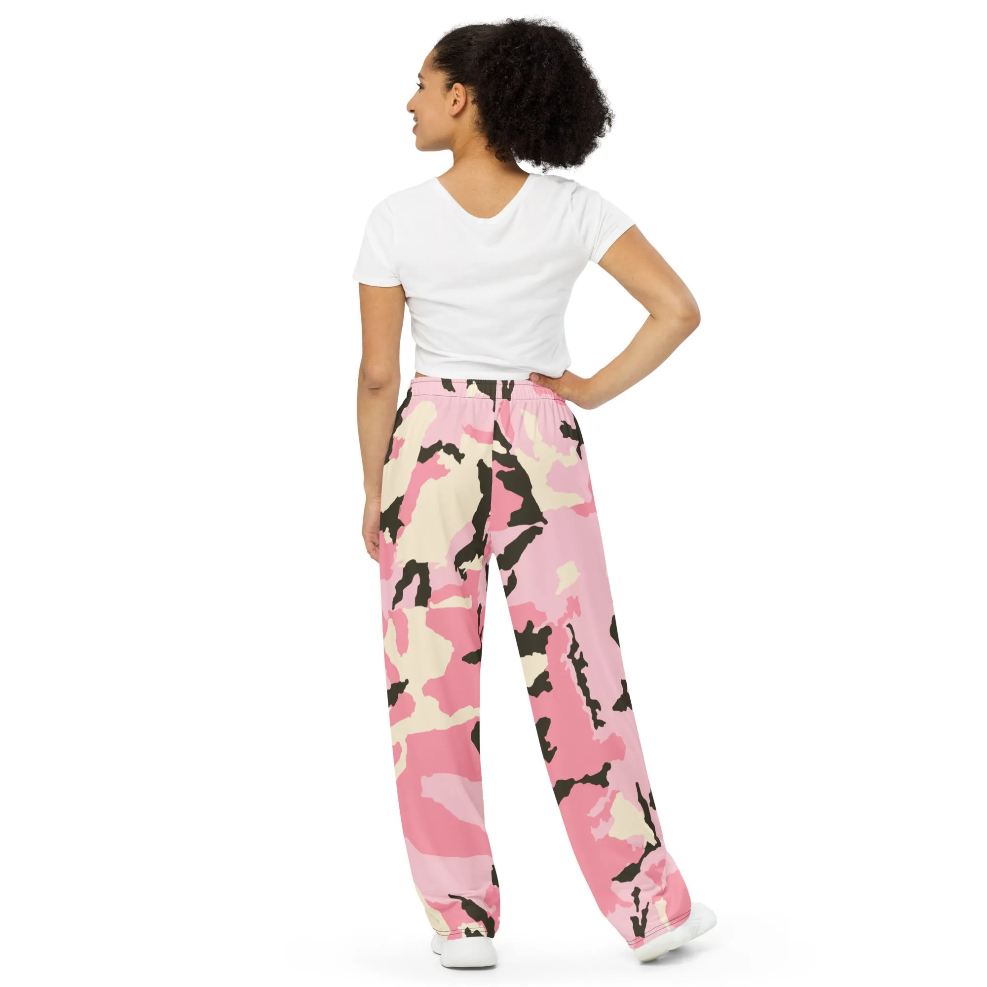 All-over print unisex wide-leg pants, Pink Military Pants, Fun, Relaxing, Gym