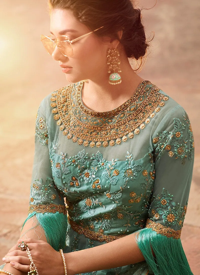 Aqua Blue Overall Embellished Lehenga/Pant Suit