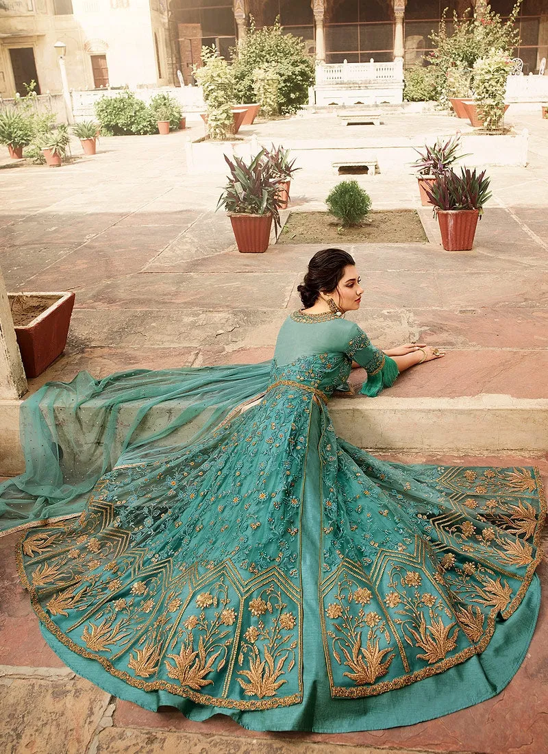 Aqua Blue Overall Embellished Lehenga/Pant Suit