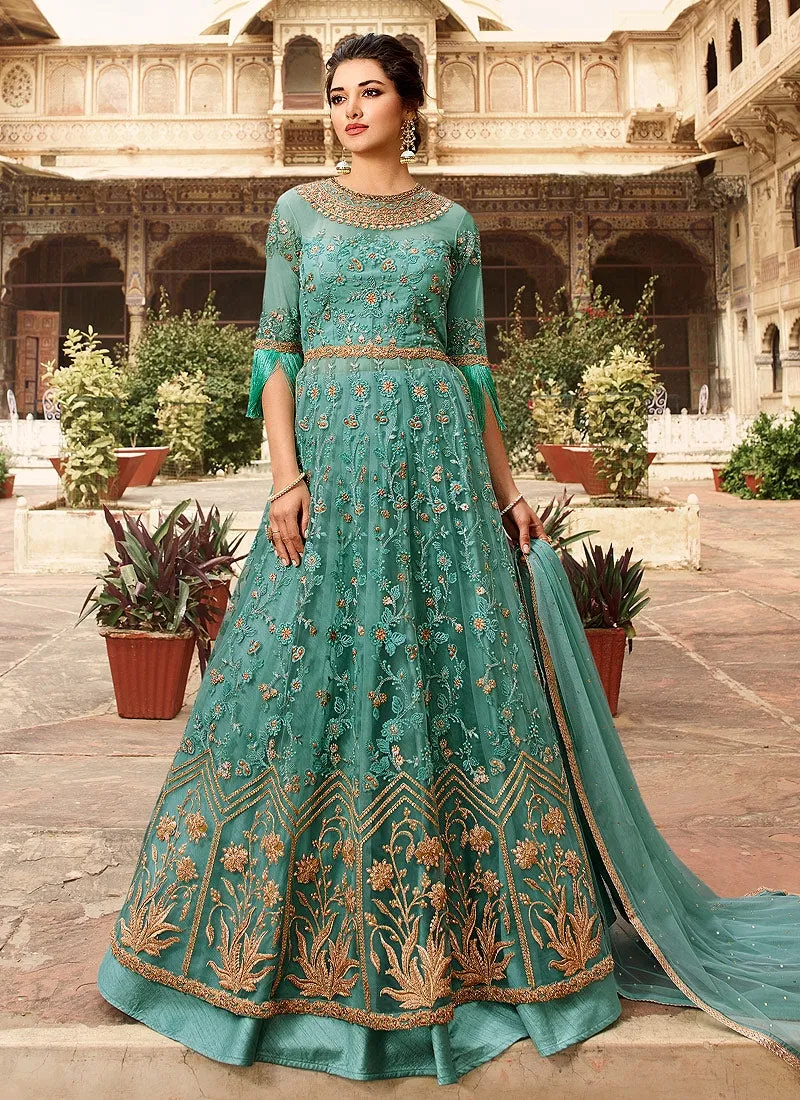 Aqua Blue Overall Embellished Lehenga/Pant Suit
