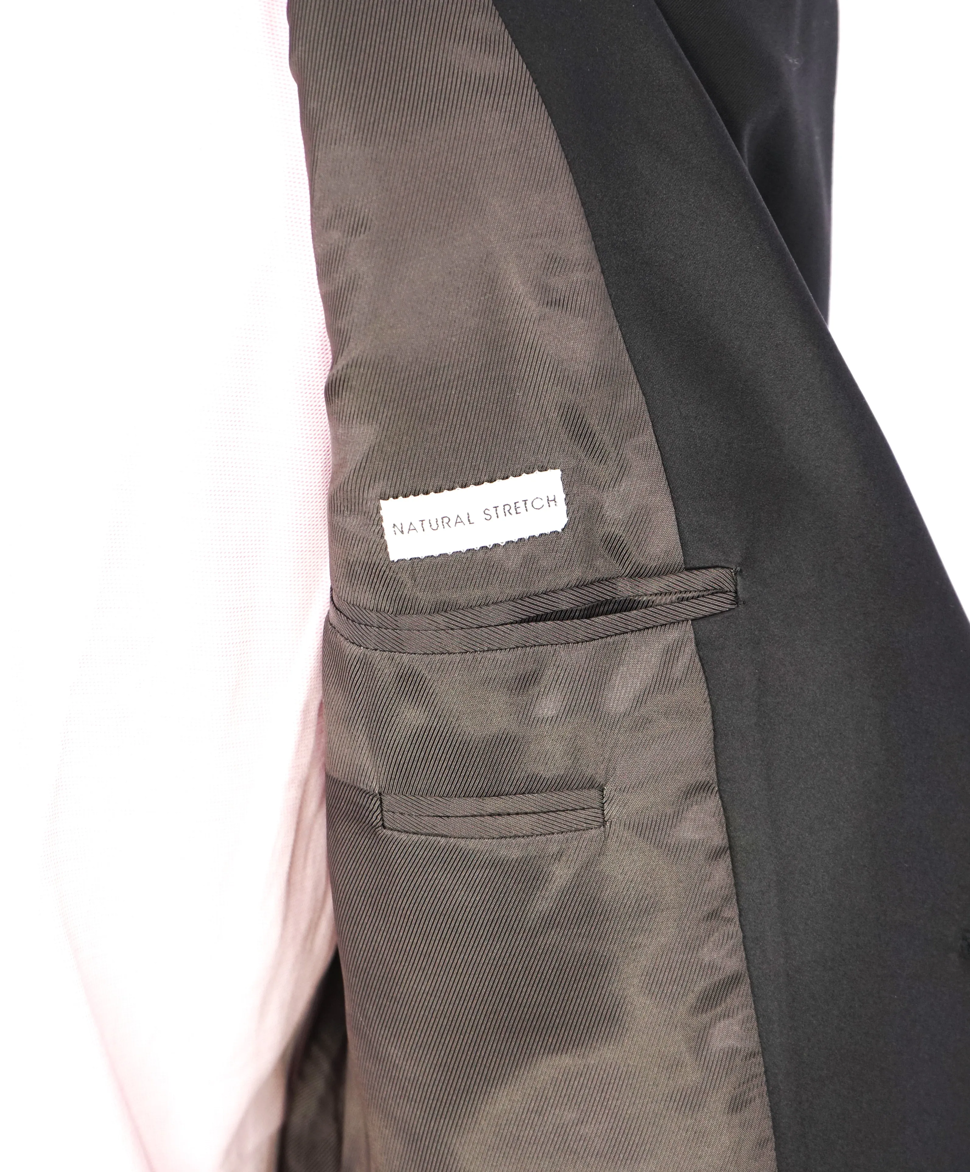 ARMANI COLLEZIONI -Wide Peak Lapel “G Line” Black Satin Detailed Tuxedo - 40S