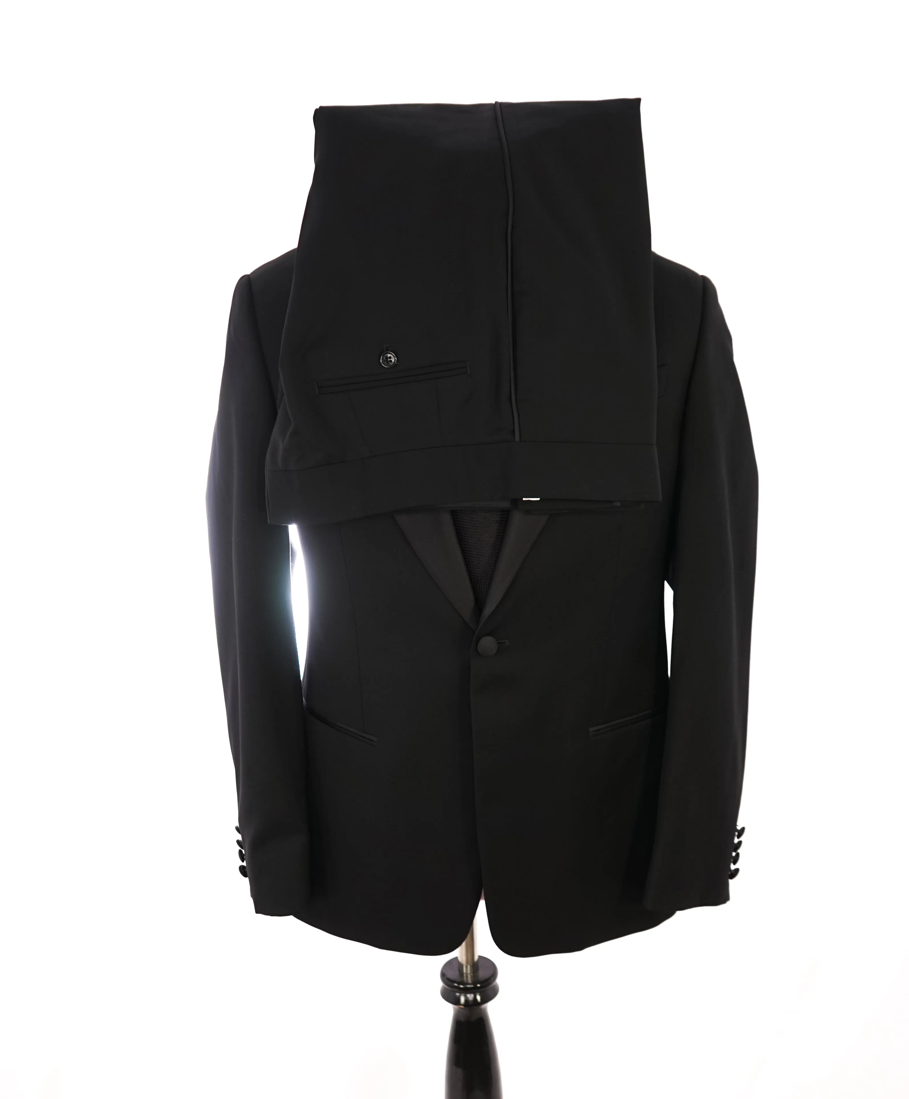 ARMANI COLLEZIONI -Wide Peak Lapel “G Line” Black Satin Detailed Tuxedo - 40S