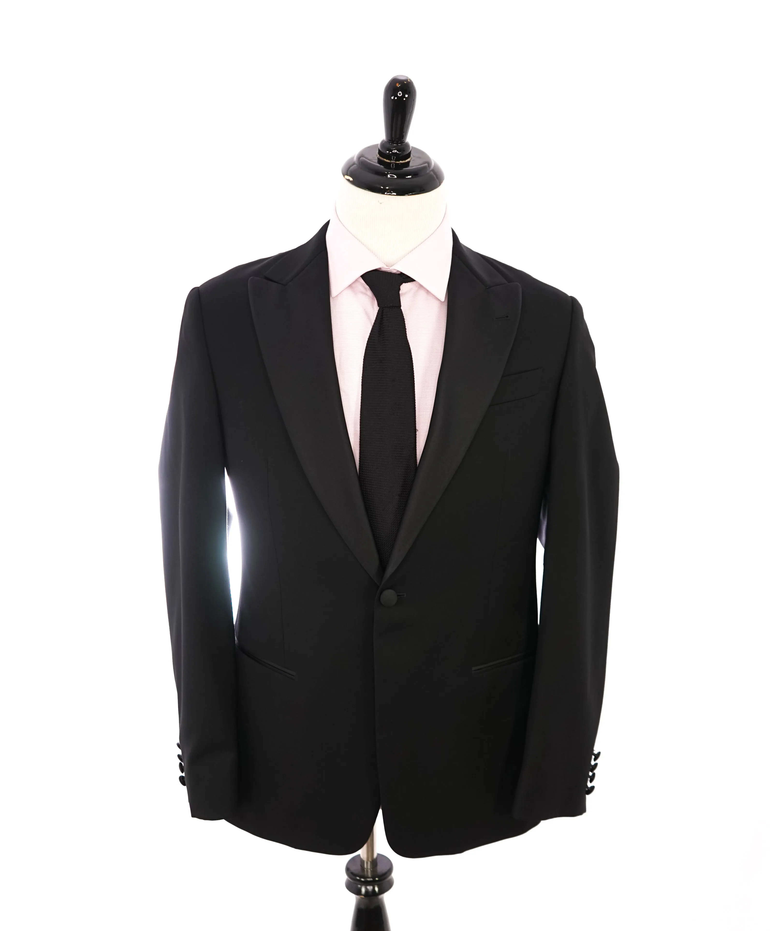 ARMANI COLLEZIONI -Wide Peak Lapel “G Line” Black Satin Detailed Tuxedo - 40S
