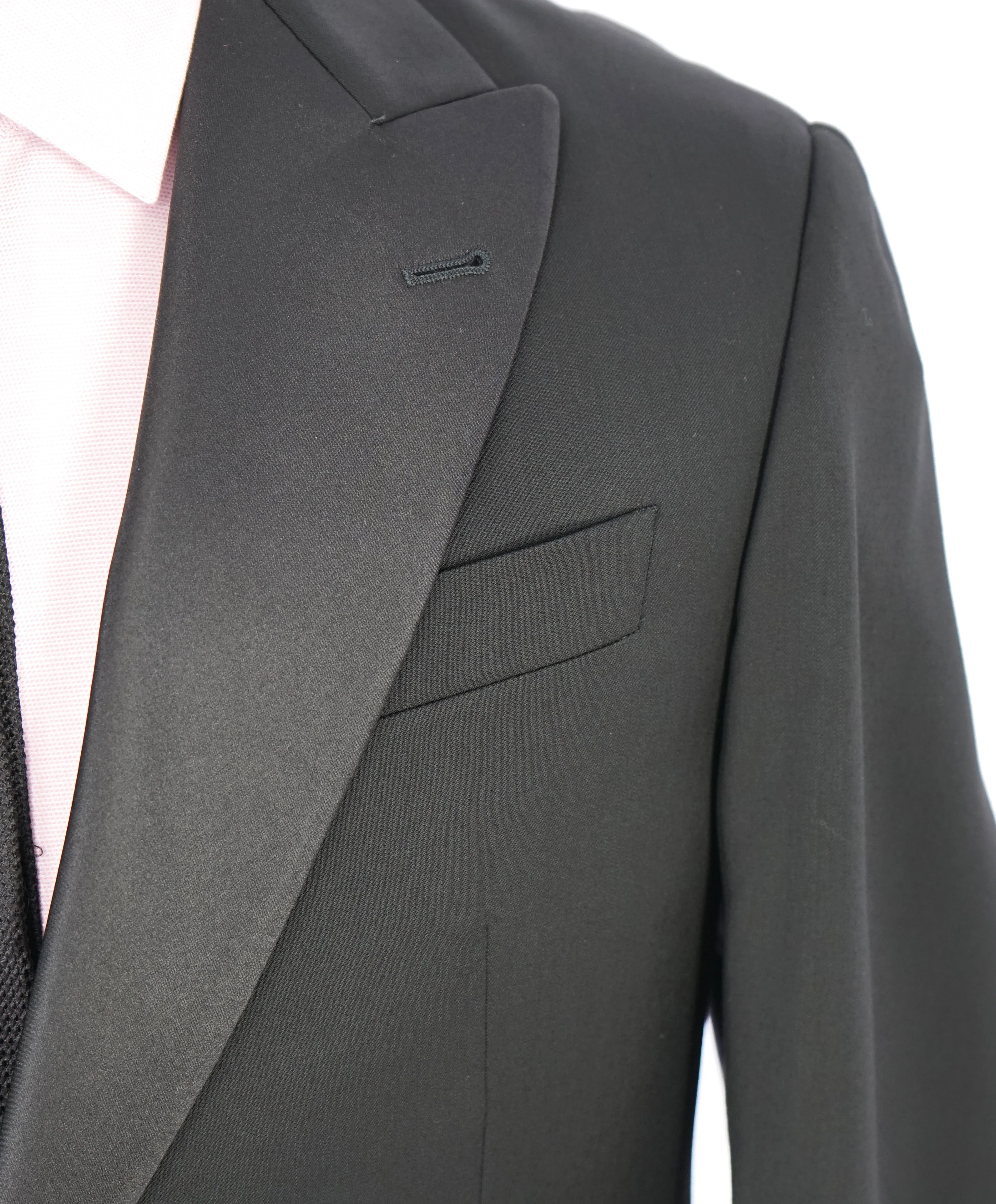 ARMANI COLLEZIONI -Wide Peak Lapel “G Line” Black Satin Detailed Tuxedo - 40S