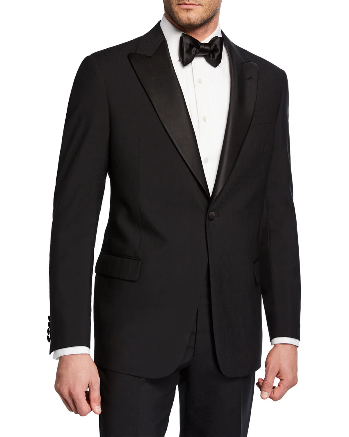 ARMANI COLLEZIONI -Wide Peak Lapel “G Line” Black Satin Detailed Tuxedo - 40S