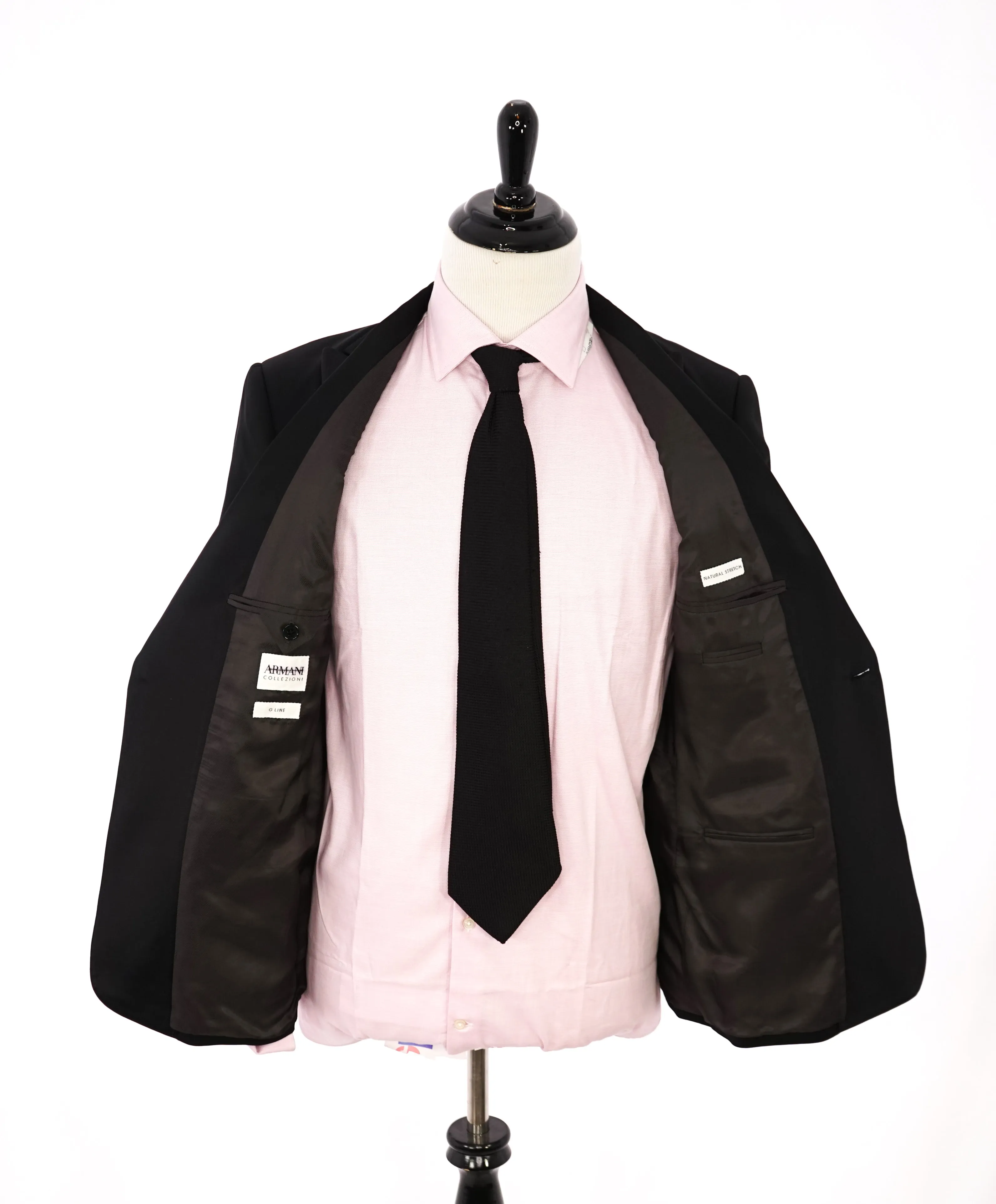 ARMANI COLLEZIONI -Wide Peak Lapel “G Line” Black Satin Detailed Tuxedo - 40S