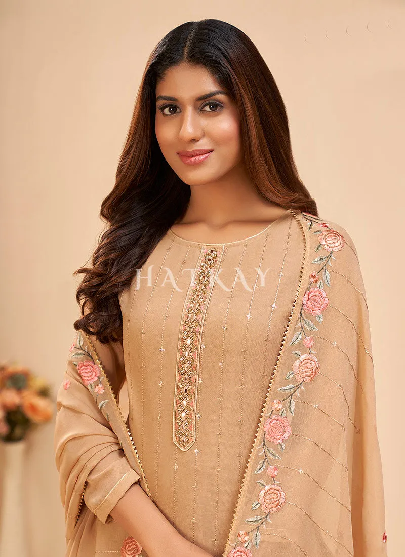 Beige Golden Floral Embroidered Salwar Kameez Suit