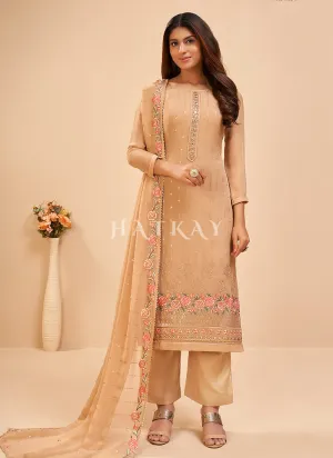 Beige Golden Floral Embroidered Salwar Kameez Suit