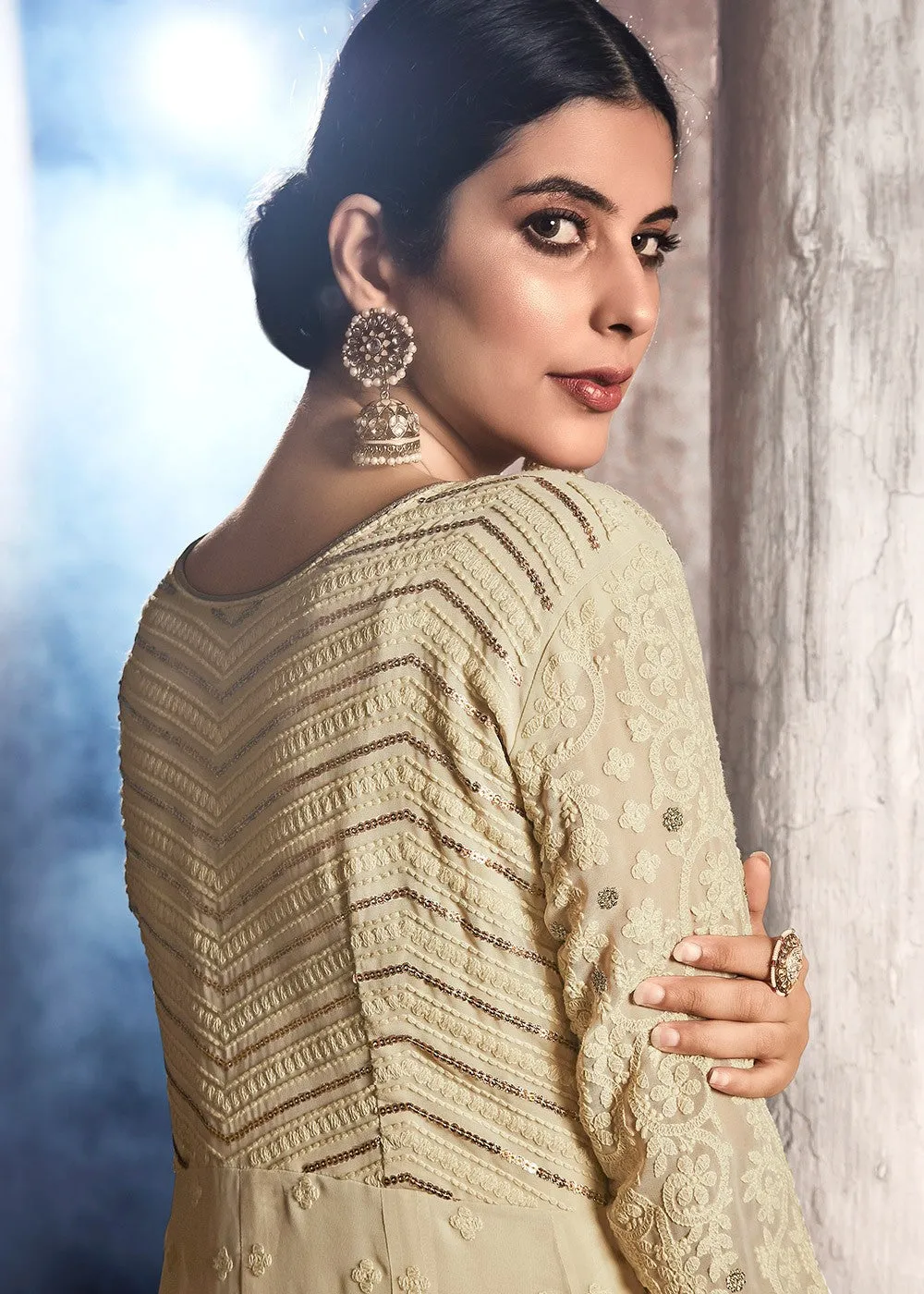 Beige Golden Lucknowi Anarkali Suit