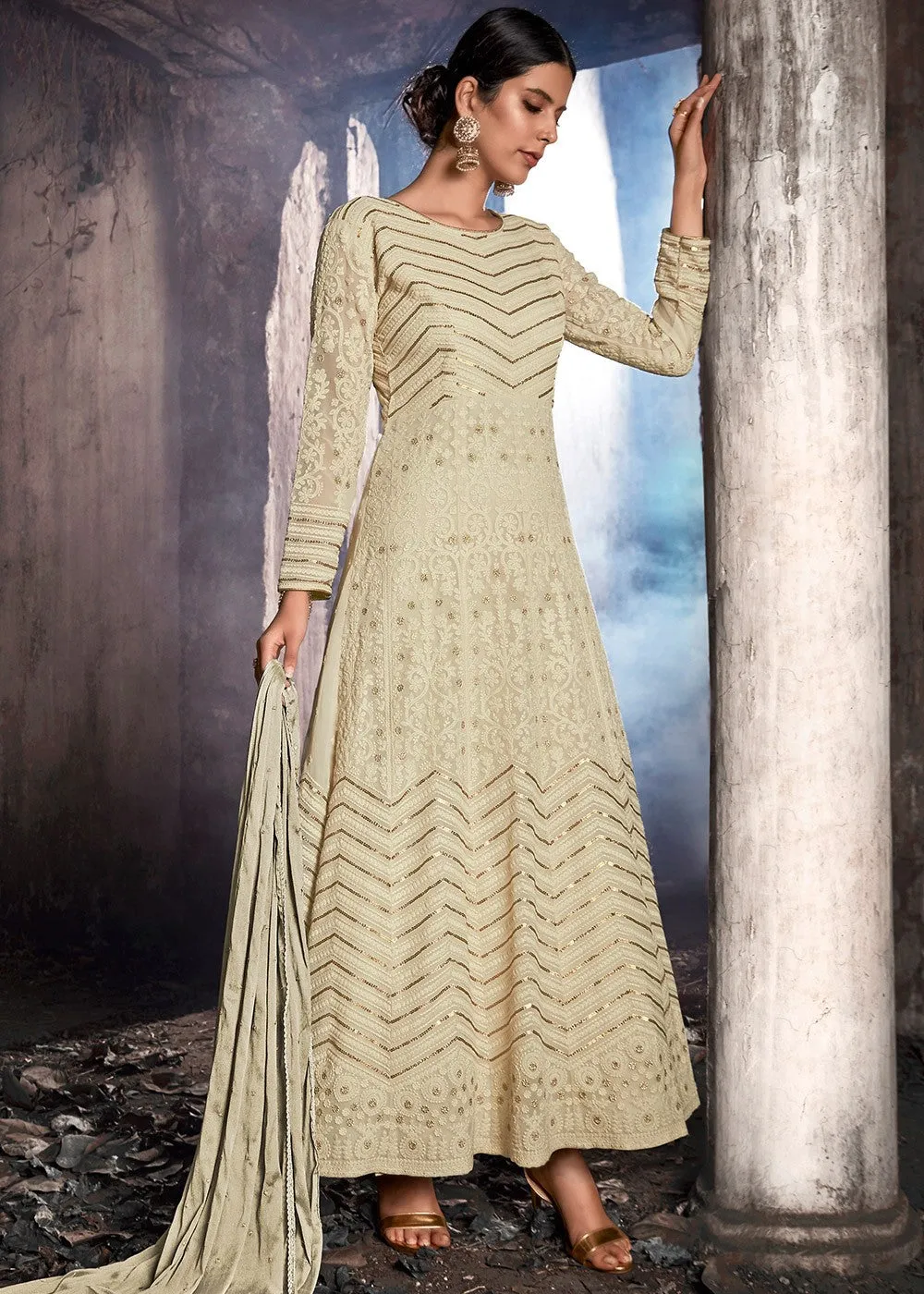 Beige Golden Lucknowi Anarkali Suit