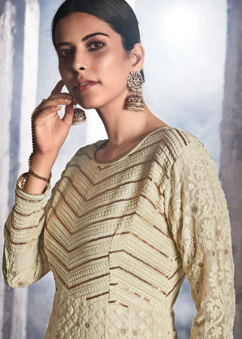 Beige Golden Lucknowi Anarkali Suit