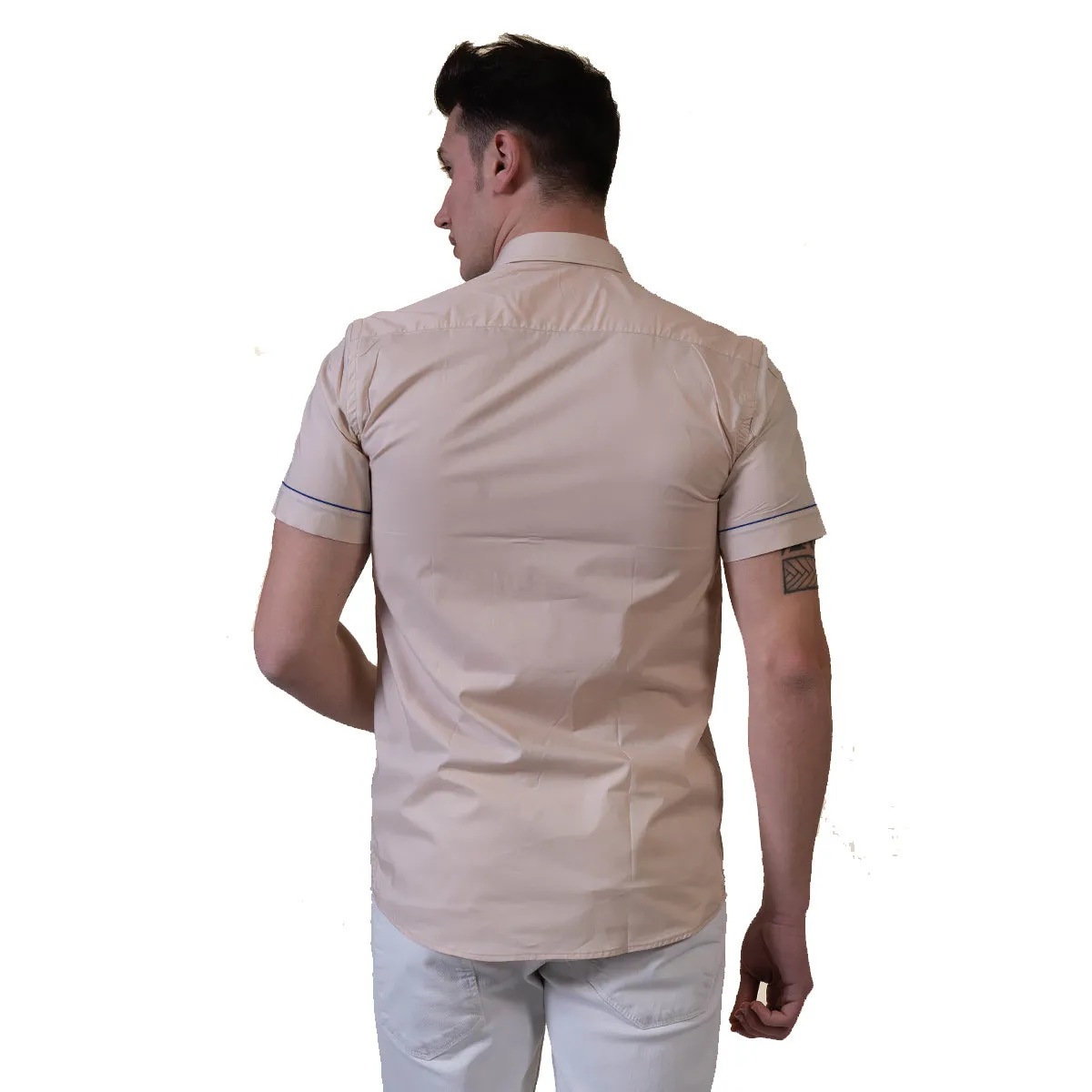 Beige Mens Short Sleeve Button up Shirts - Tailored Slim Fit Cotton Dress Shirts