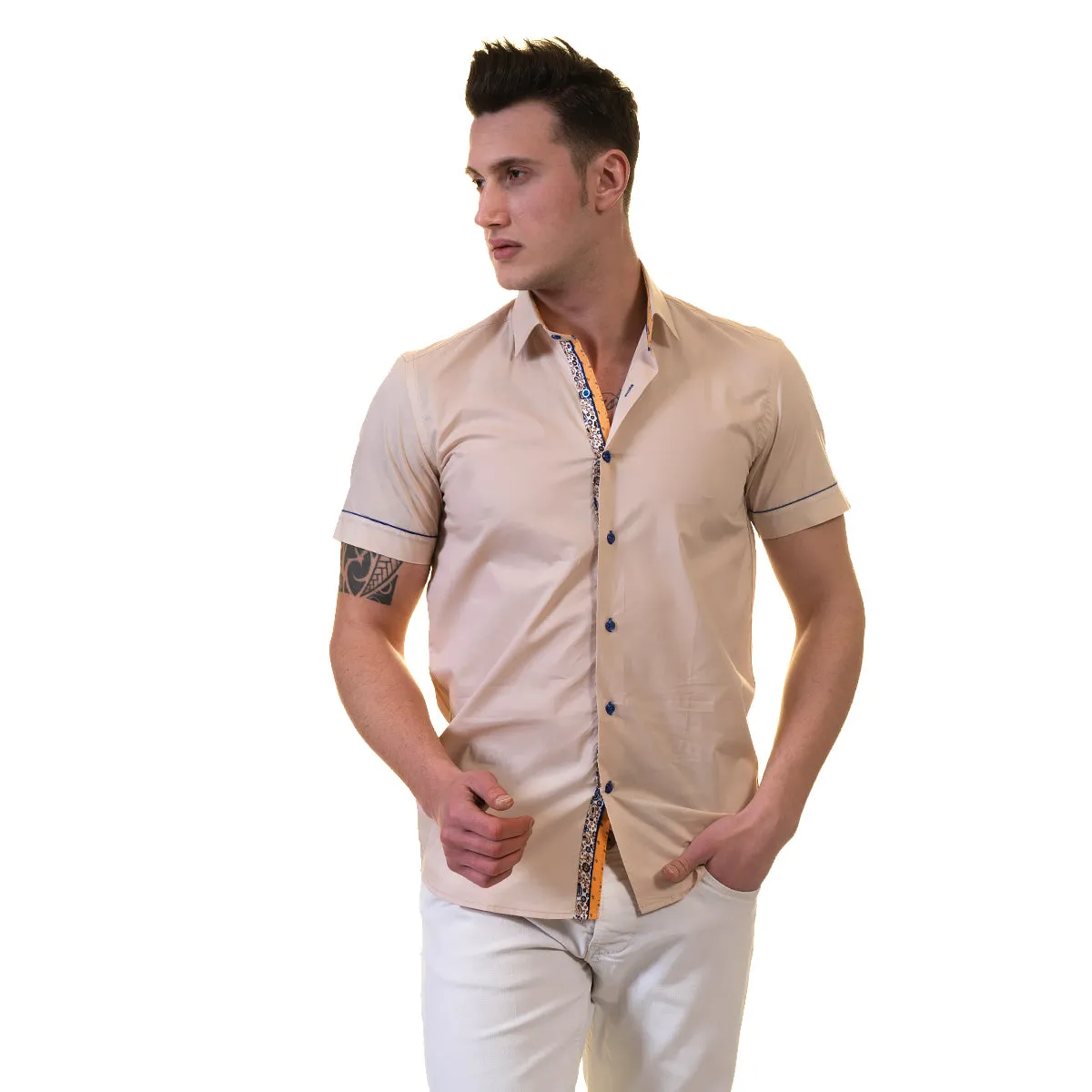 Beige Mens Short Sleeve Button up Shirts - Tailored Slim Fit Cotton Dress Shirts