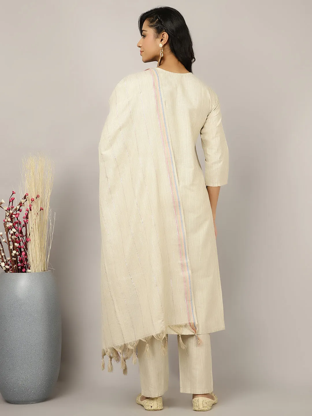 Beige Mirror Work Embroidered Festive Suit Set