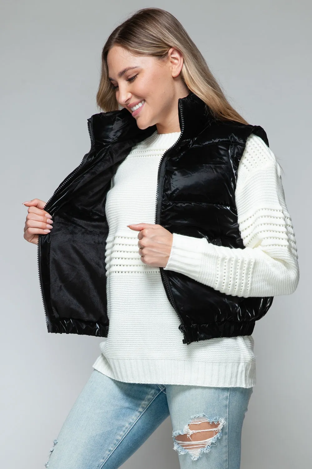Black Fine Faux Fur Lining Quilted Vest