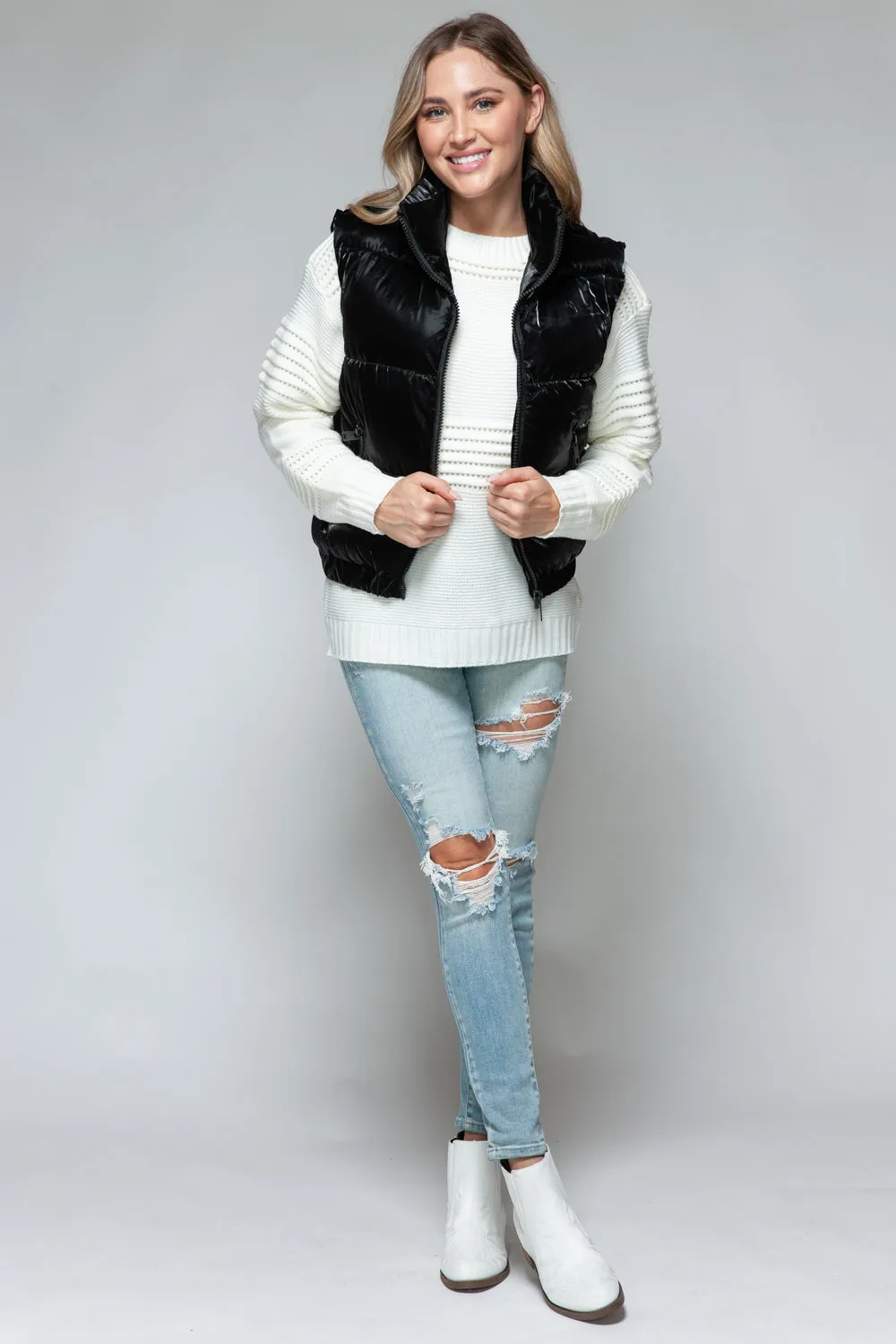 Black Fine Faux Fur Lining Quilted Vest