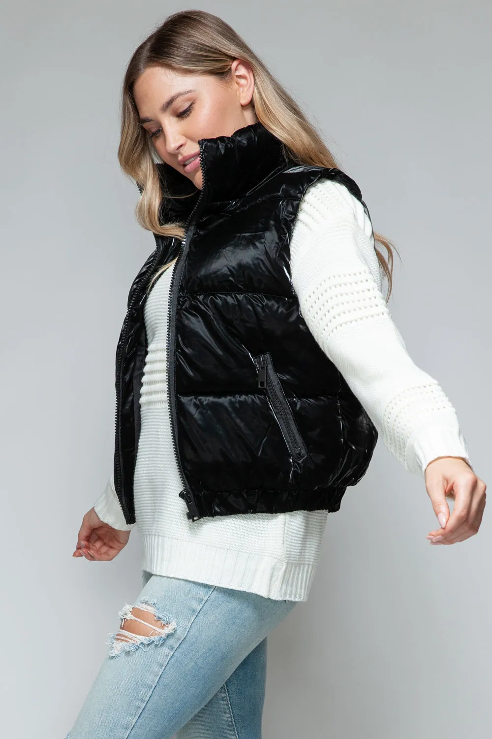 Black Fine Faux Fur Lining Quilted Vest