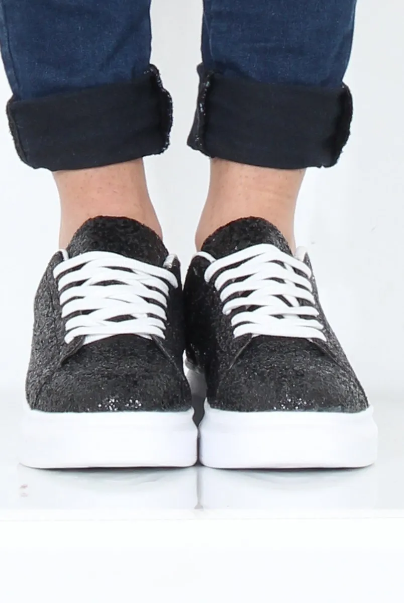 Black Glitter Platform Trainers - Erin