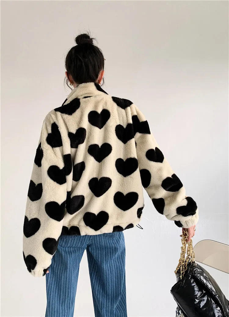 Black Hearts Plush Faux Fur Coat Warm Jacket Tan Beige