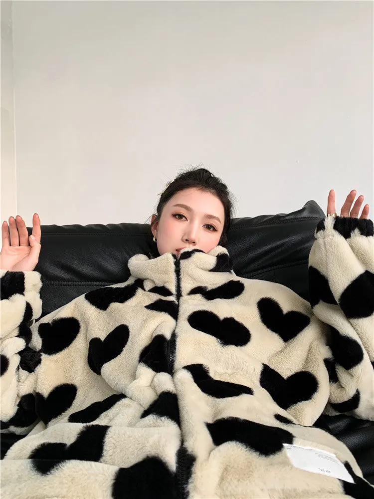 Black Hearts Plush Faux Fur Coat Warm Jacket Tan Beige