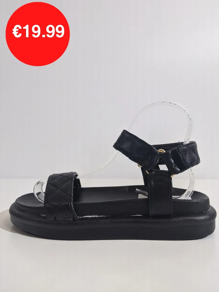 Black Quilted Velcro Strap Chunky Platform Sandal