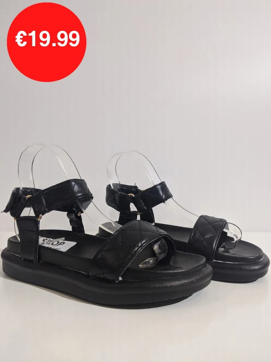 Black Quilted Velcro Strap Chunky Platform Sandal