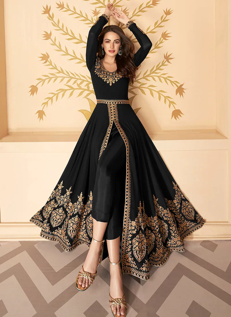 Black Slit Style Zari Embroidered Anarkali Pants Suit