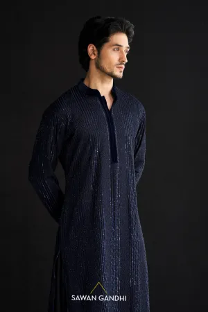 Blue cutdana thread work kurta