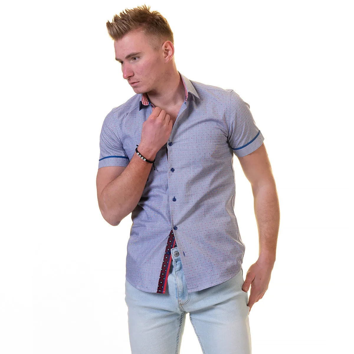 Bluish purple Short Sleeve Button up Shirts for Men - Tailored Slim Fit Cotton Dress Shirts