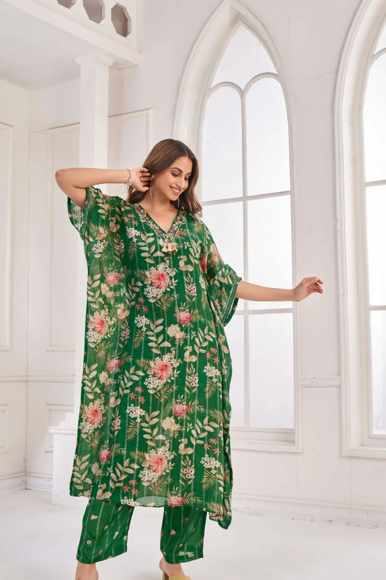 Bottle Green Kaftan with Hand Work