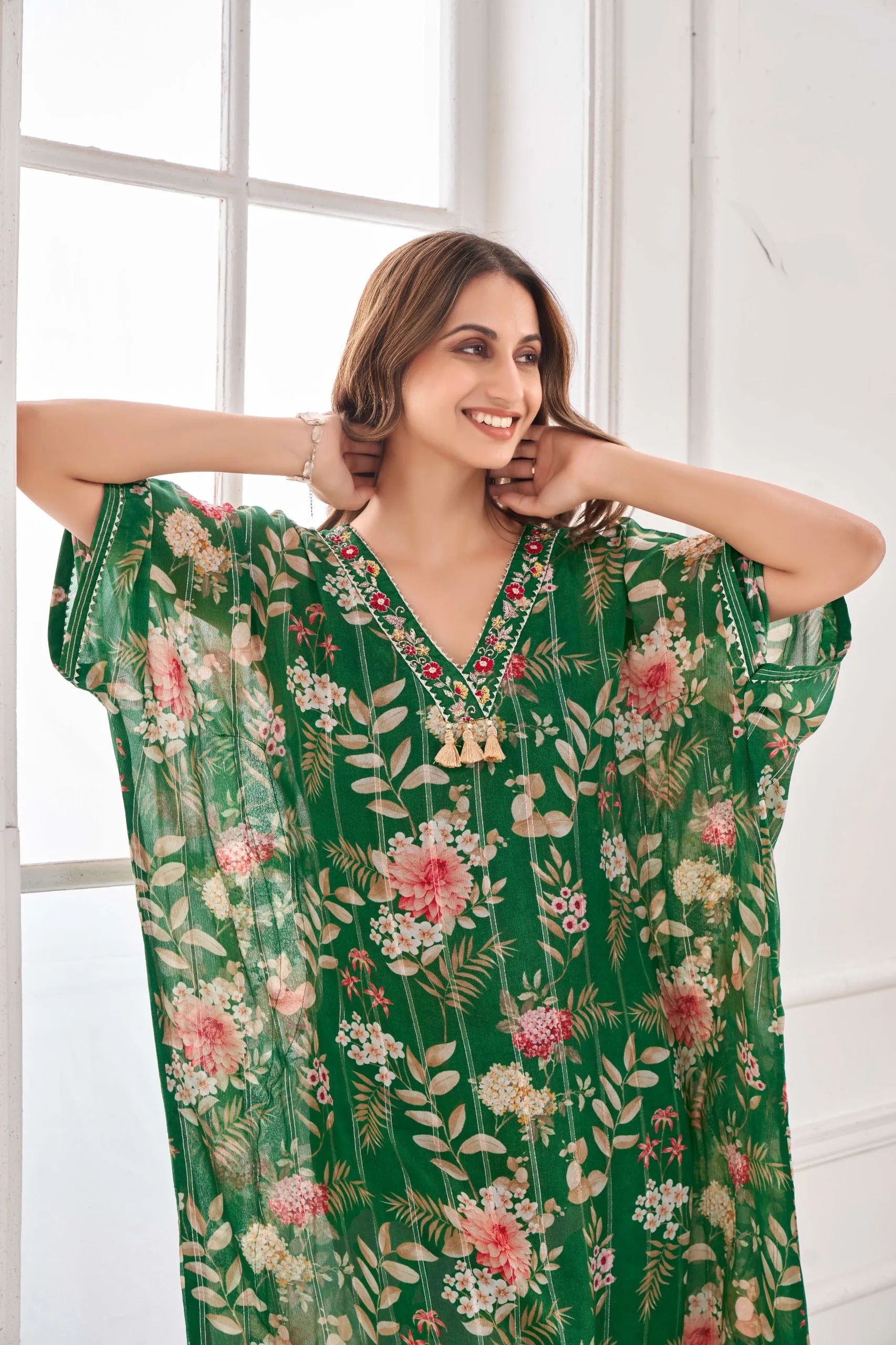 Bottle Green Kaftan with Hand Work