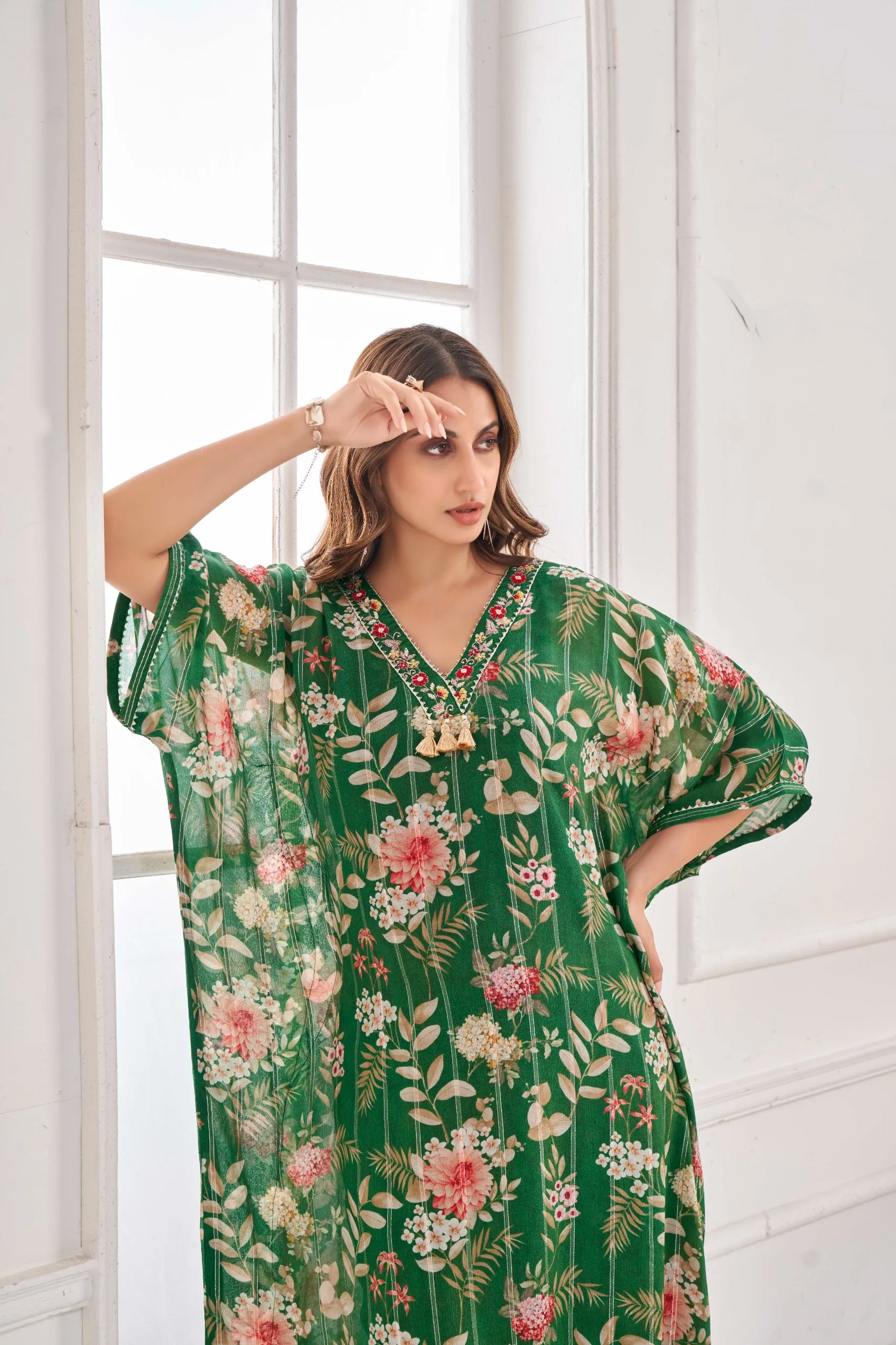 Bottle Green Kaftan with Hand Work