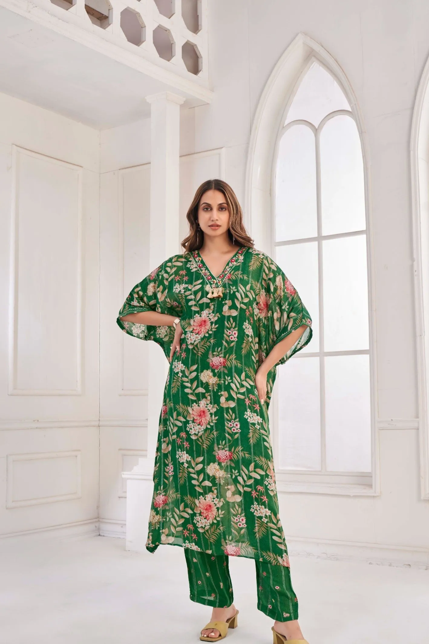 Bottle Green Kaftan with Hand Work
