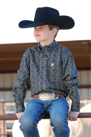 BOYS NAVY ROPE PRINT BUTTON WESTERN SHIRT