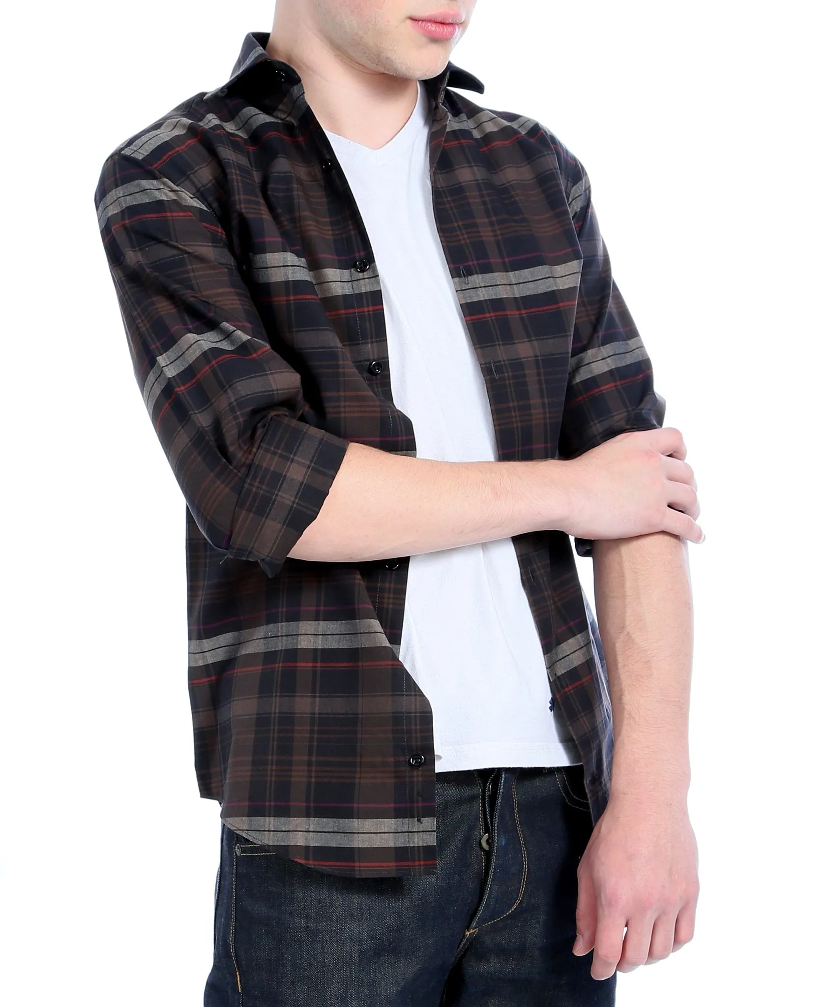 Brown Plaid Slim Fit Casual Shirt - Vale