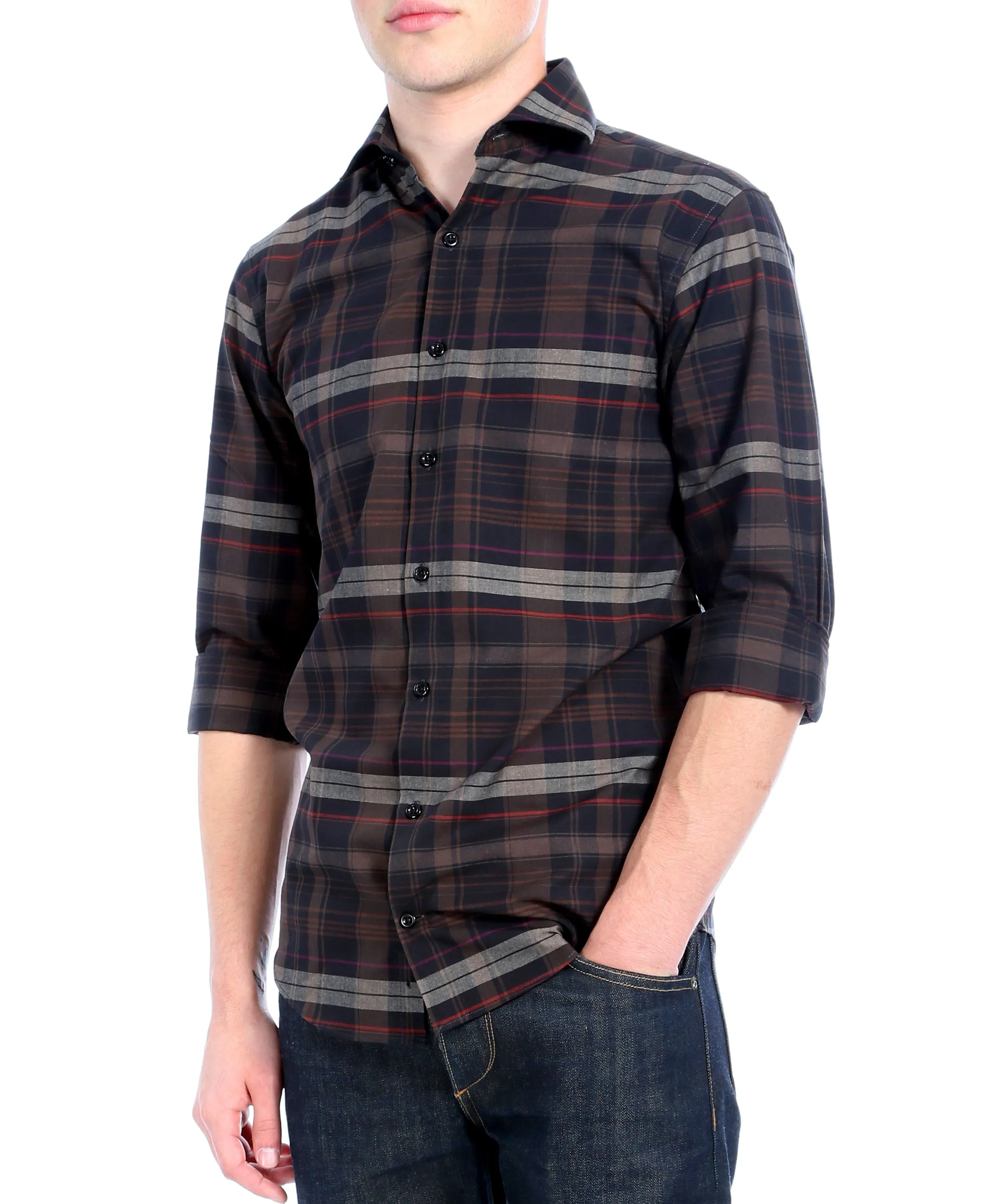 Brown Plaid Slim Fit Casual Shirt - Vale