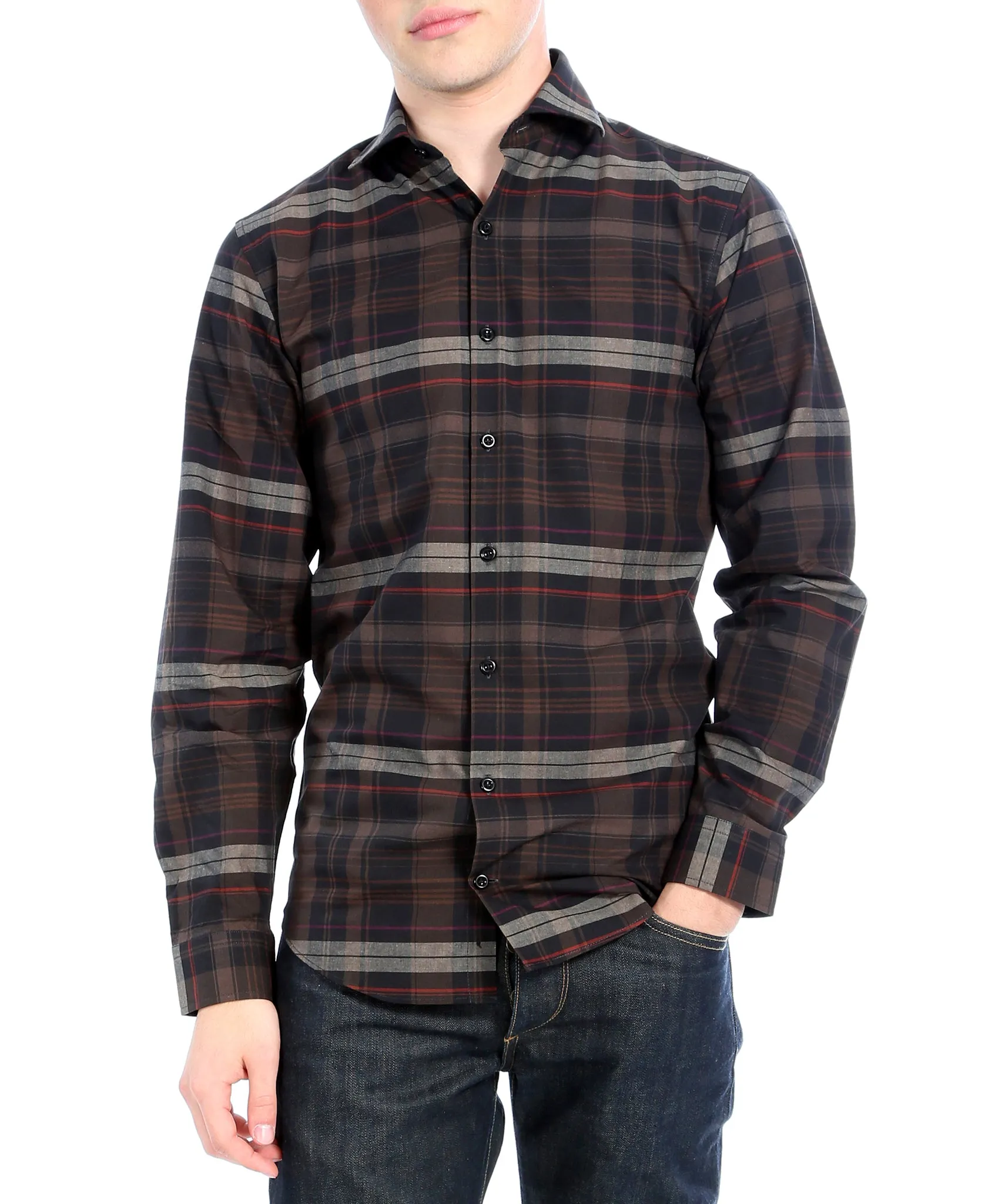 Brown Plaid Slim Fit Casual Shirt - Vale