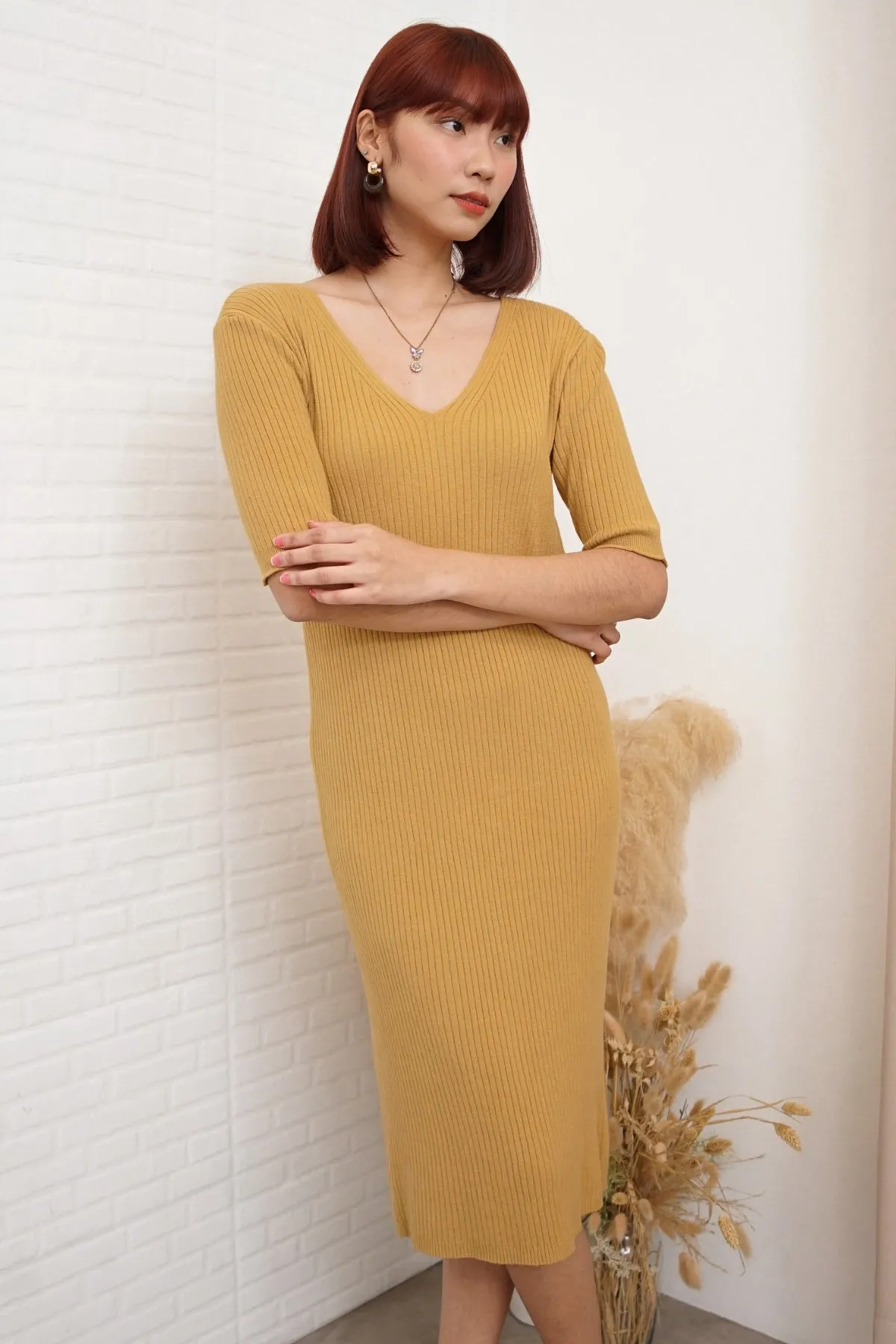 BRYNN Rib-Knit Midi Dress (Mustard Yellow)