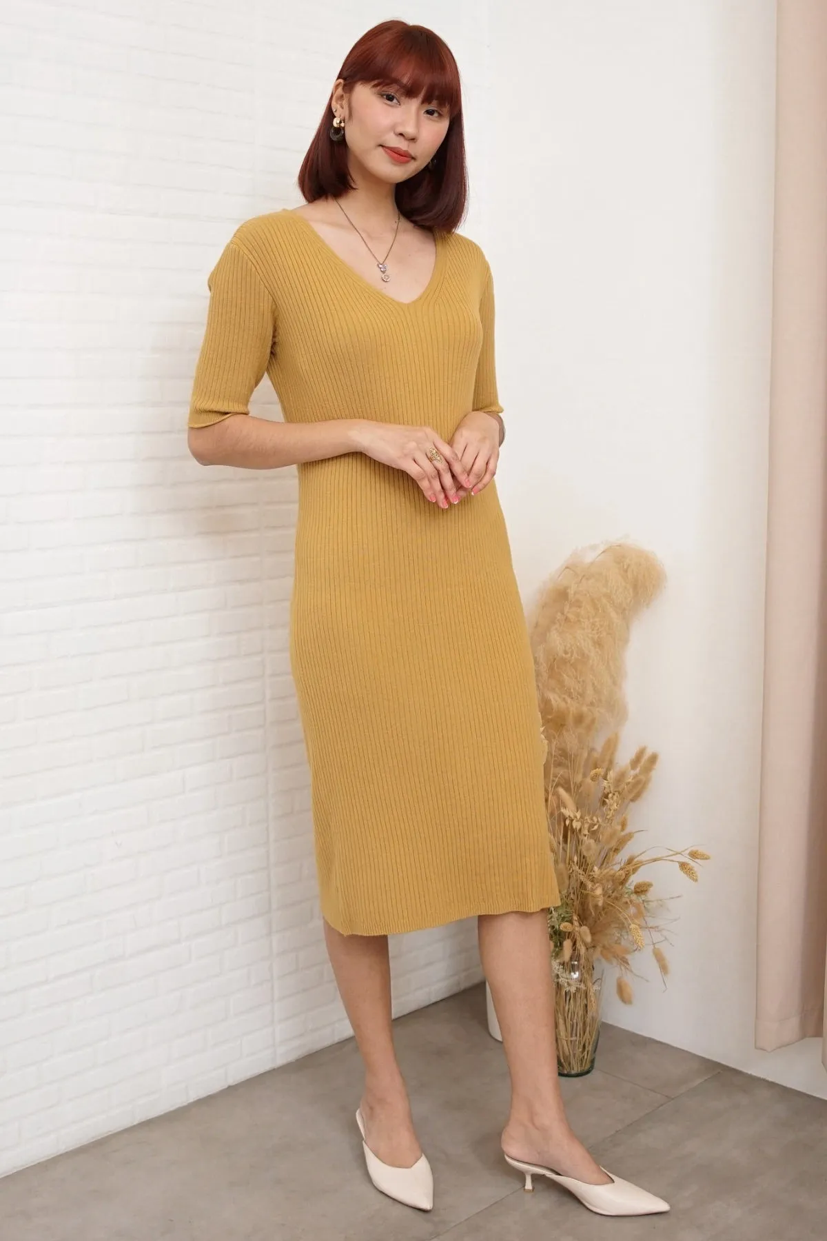 BRYNN Rib-Knit Midi Dress (Mustard Yellow)