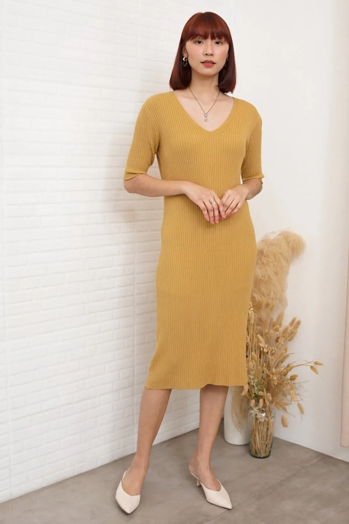 BRYNN Rib-Knit Midi Dress (Mustard Yellow)
