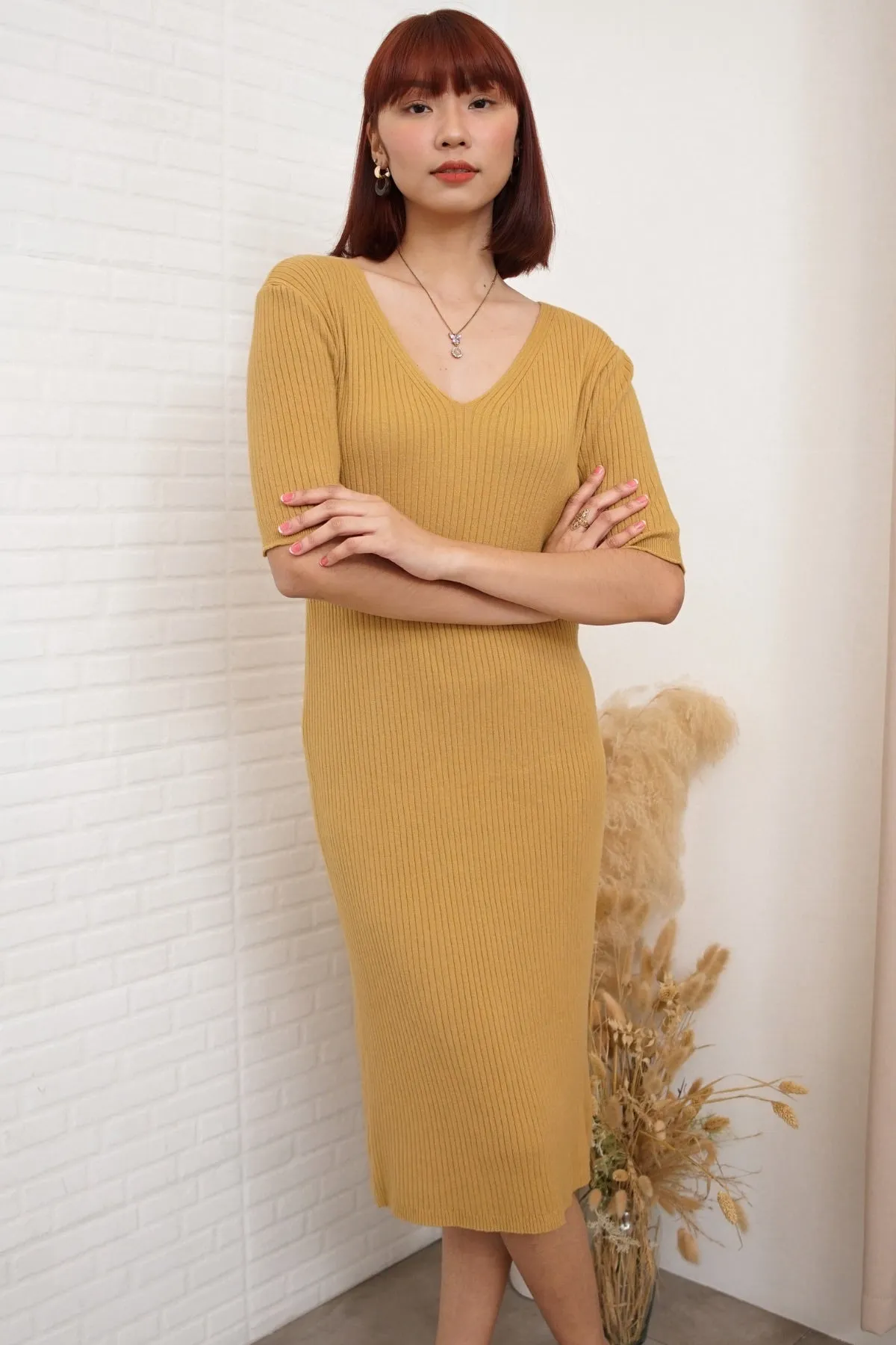 BRYNN Rib-Knit Midi Dress (Mustard Yellow)